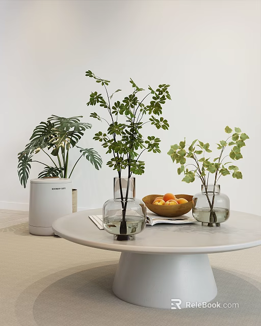 Transparent Vases with Green Leaves Home Interior Decor on White Round Table and Fruit Bowl 3d model 
