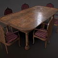 Oval Wooden Dining Table Set with Six Chairs Featuring Plaid Fabric Backrests and Seats