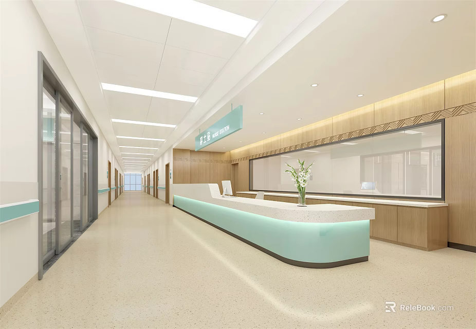 Hospital Outpatient Clinic Reception Area With Modern Interior Wooden Decor Bright Lighting And Green Plant 3d model 