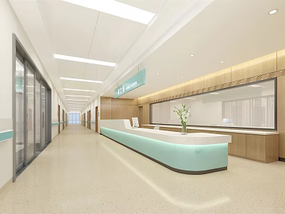 Hospital Outpatient Clinic Reception Area With Modern Interior Wooden Decor Bright Lighting And Green Plant 3d model