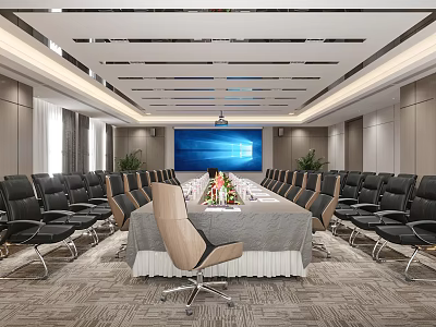 Modern Conference Room Interior With Long Table Gray Tablecloth Black Chairs And Large Screen 3d model