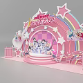 Vibrant Interactive Zone for Girls Music Party with Pink Stars Rainbow Stage and Cartoon Characters