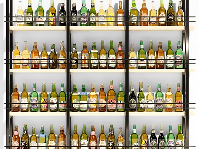 Organized Display Shelves With Various Bottles Arranged In Multiple Rows 3d model