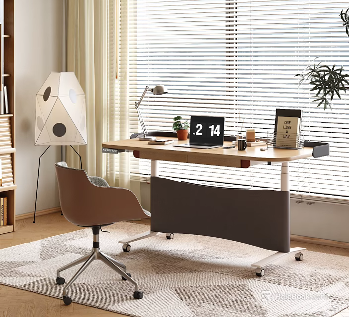 Modern Home Office Desk With Lamp Calendar Cup Chair And Window Blinds 3d model 