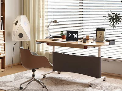 Modern Home Office Desk With Lamp Calendar Cup Chair And Window Blinds 3d model
