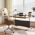 Modern Home Office Desk With Lamp Calendar Cup Chair And Window Blinds
