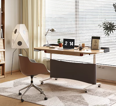 Modern Home Office Desk With Lamp Calendar Cup Chair And Window Blinds 3d model