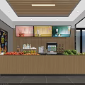 Fresh Fruits Store Interior With Wooden Counter Display Menu Screens And Cash Register