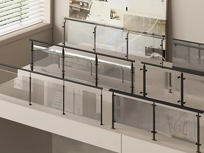 Glass And Black Metal Railing In Indoor Loft Space 3d model