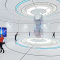 Modern Exhibition Hall Interior With Circular Lighting Display Column Visitors And Screens