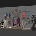 Wooden Display Racks with Hanging Colorful Clothing and Shoes in Retail Store