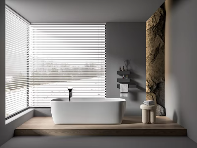 Minimalist Bathroom Interior With White Bathtub Window Blinds Rock Wall And Wooden Platform 3d model