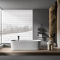 Minimalist Bathroom Interior With White Bathtub Window Blinds Rock Wall And Wooden Platform