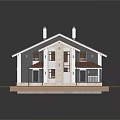 Cartoon Style Residential House 3D Model With Red Roof White Walls And Chimneys