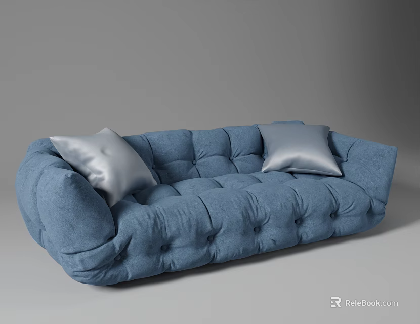 Modern Blue Three-Seater Sofa with Silver Cushions and Tufted Design 3d model 
