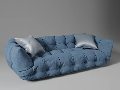 Modern Blue Three-Seater Sofa with Silver Cushions and Tufted Design 3d model
