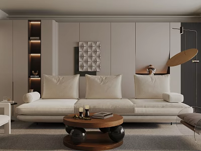 Modern Living Room Interior With Light Beige Sofa Round Coffee Table And Geometric Wall Art 3d model