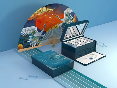 Showcase Shelf with Open Design Fan Art Crane Motif and Jewelry Accessories 3d model