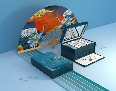 Showcase Shelf with Open Design Fan Art Crane Motif and Jewelry Accessories 3d model