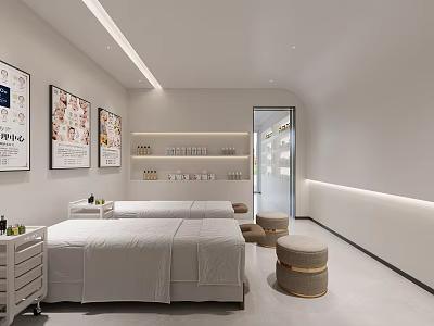 Modern SPA Sauna Interior With Massage Beds Light Sheets Round Stools Product Shelves And Posters 3d model
