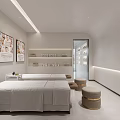 Modern SPA Sauna Interior With Massage Beds Light Sheets Round Stools Product Shelves And Posters