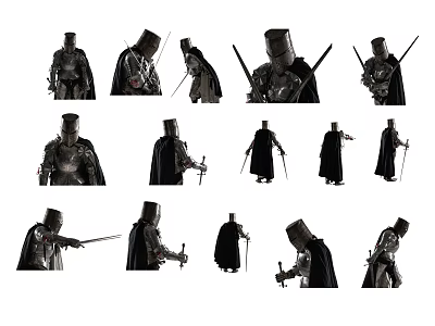 Man In Medieval Knight Armor Displaying Various Poses Holding Sword Isolated On White 3d model