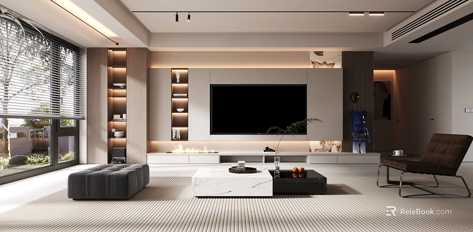 Modern Minimalist TV Background Wall Design With Storage Shelves And Living Room Ambiance 3d model 
