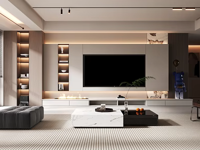 Modern Minimalist TV Background Wall Design With Storage Shelves And Living Room Ambiance 3d model
