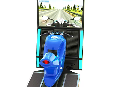 Blue Motorcycle Simulator With Large Screen Showing Road Riding Scenery 3d model