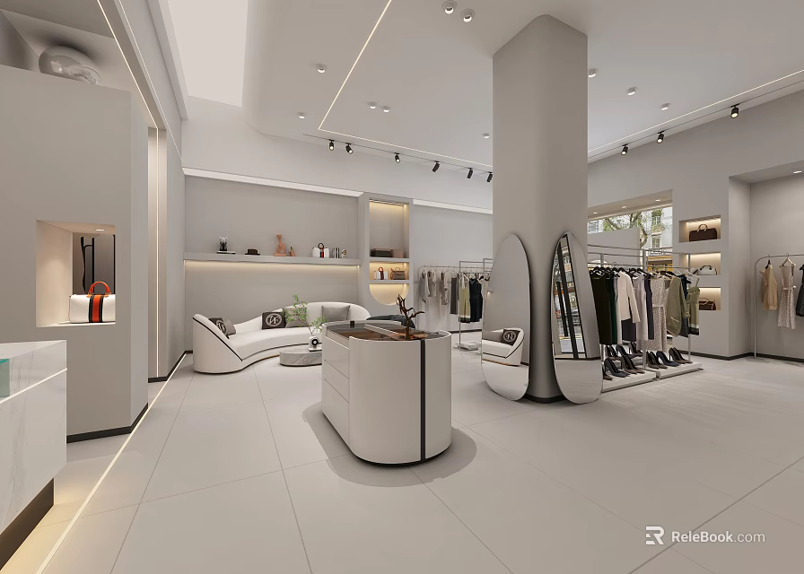 Modern Minimalist Clothing Store Interior With White Display Shelves Clothing Racks And Sofa 3d model 