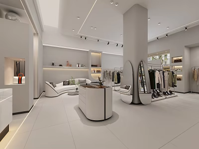 Modern Minimalist Clothing Store Interior With White Display Shelves Clothing Racks And Sofa 3d model