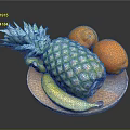 Fresh Pineapple Oranges And Banana On Wooden Plate For Healthy Fruit Snack