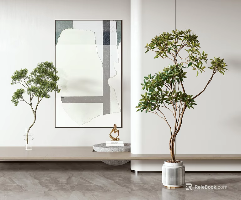 Modern Interior Design With Bonsai Plants Decorative Painting And Stone Countertop 3d model 