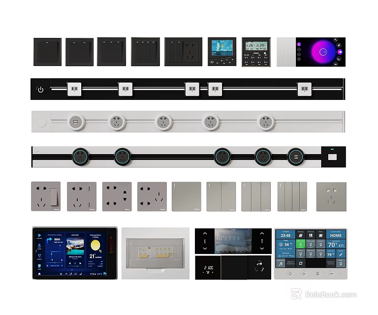 Modern Switch Panels With Various Designs Digital Display Round Buttons And Socket Styles 3d model 