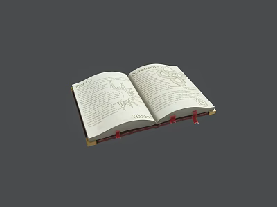 Vintage Open Book Featuring Handwritten Text Illustrations And Red Bookmarks On White Pages 3d model
