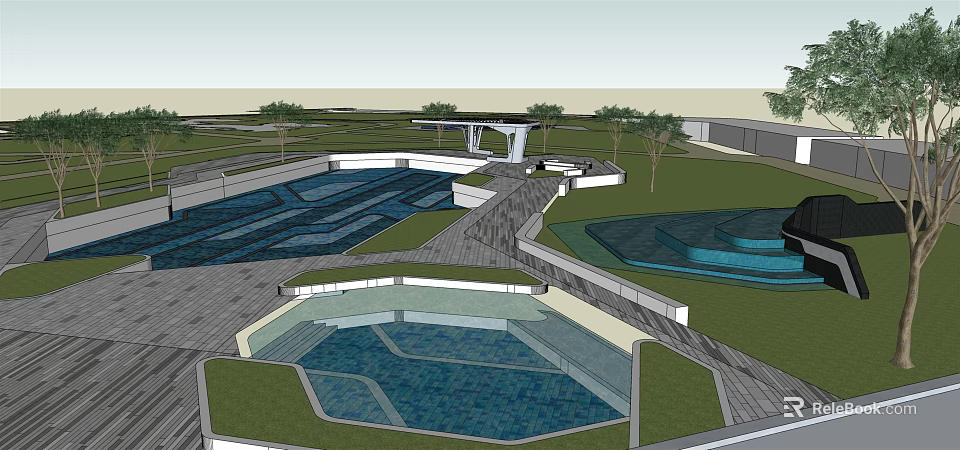 Residential Landscape Design With Water Features Wooden Walkways Green Lawns And Trees 3d model 