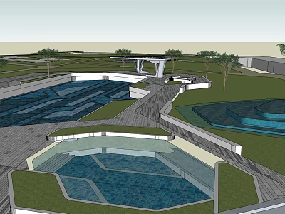 Residential Landscape Design With Water Features Wooden Walkways Green Lawns And Trees 3d model