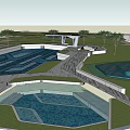 Residential Landscape Design With Water Features Wooden Walkways Green Lawns And Trees