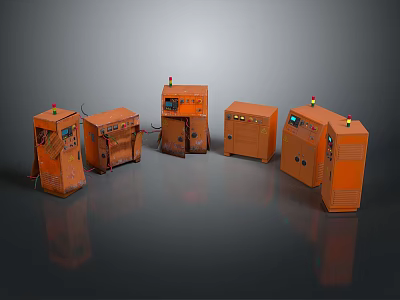 Orange Industrial Machines Arranged In Circle With Control Panels And Indicators 3d model