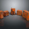 Orange Industrial Machines Arranged In Circle With Control Panels And Indicators
