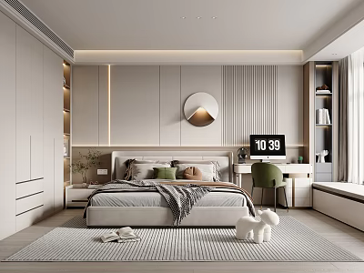 Modern Bedroom Interior Design With Comfortable Bed Round Mirror Desk Chair And Area Rug 3d model