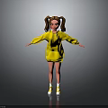 Playful Girl With Pigtails In Yellow Hoodie And Yellow Shoes Stretching Arms Against Gray Background