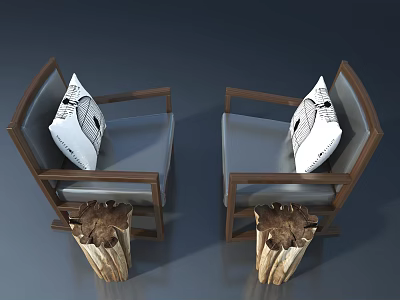 Wooden Frame Armchairs With Gray Cushions Patterned Pillows And Stump Shaped Coffee Tables 3d model