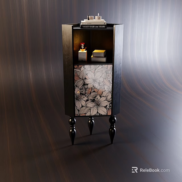 Elegant Wooden Chest of Drawers With Floral Pattern And Carved Black Legs 3d model 