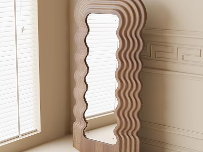 Wavy Wooden Floor Lamp With Curved Design In Room With Window Blinds And Decorative Wall 3d model