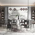 Traditional Chinese Restaurant Interior With Wooden Dining Table Chairs Decorative Painting And Pendant Lights