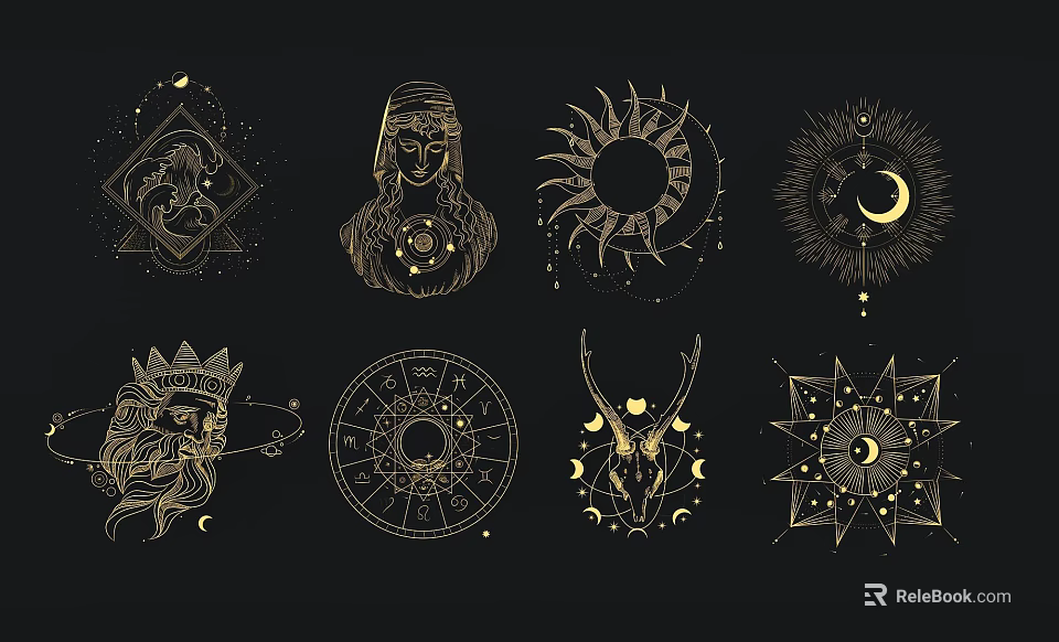 Golden Mystical Wall Decor With Sun Moon Symbols And Geometric Patterns 3d model 