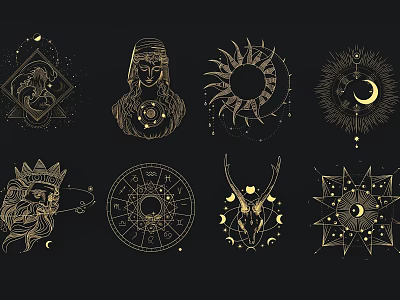 Golden Mystical Wall Decor With Sun Moon Symbols And Geometric Patterns 3d model
