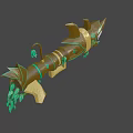 Game Movie Character Shark Themed Weapon With Gold And Green Spiked Teeth And Ornate Vines