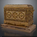 Decorative Wooden Chest With Intricate Carvings Geometric Motifs And Wooden Base